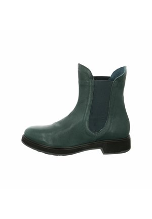 Leather ankle boot in dark green with elastic side panels, rounded toe, and a low black rubber sole. Smooth texture with minimal stitching.