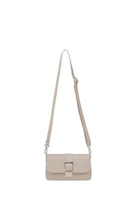 Borsa a tracolla in pelle testurizzata beige chiaro, con pattina e chiusura con fibbia e tracolla regolabile. Forma rettangolare compatta.