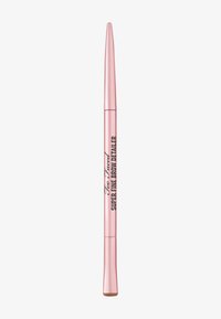 Pink retractable pencil with a fine tip, labeled "Too Faced Super Fine Brow Detailer," featuring a smooth texture and metallic finish.
