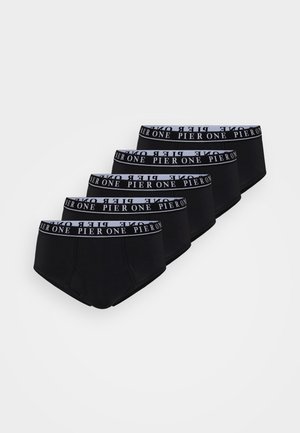 Mustad mustriga mustri, mis sisaldab viit tükki, millel on valge "PIER ONE" logo vöö. Klassikaline lõige ja sile tekstuur.