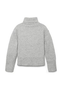 Grauer Strickpullover mit hohem Kragen, gerippten Bündchen und Saum, einer strukturierten Optik und einer lockeren Passform. Rückansicht gezeigt.