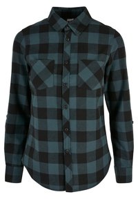 Kariertes Flanellhemd in dunklem Petrol und Schwarz, mit klassischem Kragen, Knopfleiste und zwei aufgesetzten Brusttaschen. Weiche Textur, lange Ärmel.