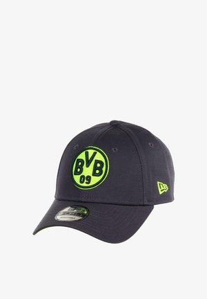 Black adjustable baseball cap with neon green BVB 09 logo on front and small neon green New Era logo on side.