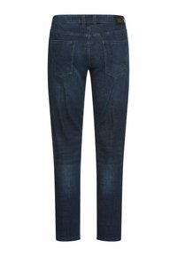 Dunkelblaue Jeans aus Denim mit zwei Gesäßtaschen, Gürtelschlaufen und einem schwarzen Etikett am Bund, von hinten vor weißem Hintergrund gezeigt.