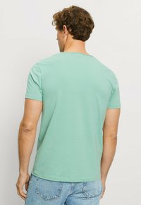 Mint green short-sleeve t-shirt with a round neckline, made of soft cotton blend, featuring a plain design and relaxed fit.