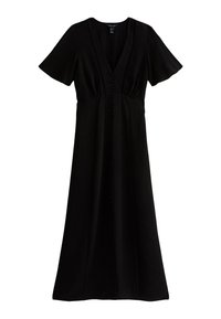 Vestido negro hecho de una tela texturizada, con escote en V, mangas cortas, cierre frontal de botones y una silueta acampanada fluida.