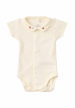 Kremowy krótkawy body dla niemowląt z zapięciem na zatrzaski z przodu i zaokrąglonym kołnierzykiem ozdobionym wyszywanymi truskawkami i kwiatami.