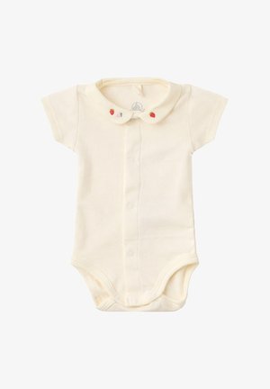 Kremowy krótkawy body dla niemowląt z zapięciem na zatrzaski z przodu i zaokrąglonym kołnierzykiem ozdobionym wyszywanymi truskawkami i kwiatami.