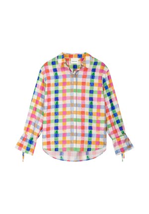 Lang mouwen overhemd met knopen en een kleurrijk ruitpatroon in oranje, blauw, groen, roze en geel, met kleine gestrikte manchetten en een afgeronde zoom.