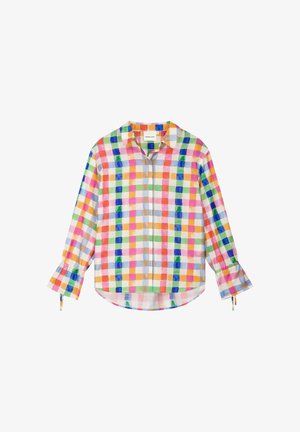 Long-sleeve button-up shirt with colorful checkered pattern in orange, blue, green, pink, and yellow, featuring small tied cuffs and a curved hem.