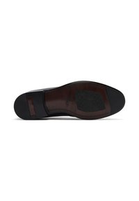 Semelle de chaussure en cuir noir avec une finition lisse et polie. Talon en caoutchouc et semelle intérieure marron foncé avec un motif de grip texturé. Coutures visibles.