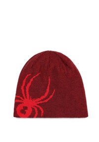 Cappello in maglia rossa con pattern a strisce nere, caratterizzato da un prominente grafica di un ragno rosso sulla parte anteriore. Realizzato in materiale caldo e elastico.
