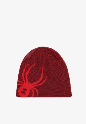 Rote gestrickte Mütze mit schwarzem Streifenmuster, auf der Vorderseite mit einem auffälligen roten Spinnenmotiv. Hergestellt aus warmem, dehnbarem Material.