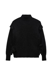 Pull en tricot noir avec un col montant, doté de lacets latéraux, d'un tissu texturé et d'une coupe décontractée. Détails froncés discrets aux épaules.
