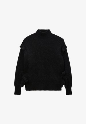 Pull en tricot noir avec un col montant, doté de lacets latéraux, d'un tissu texturé et d'une coupe décontractée. Détails froncés discrets aux épaules.