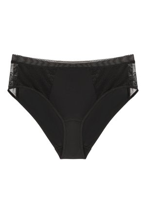 Czarne bikini damskie z koronkowymi panelami bocznymi i elastycznym pasem w falisty wzór.