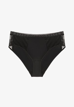 Czarne bikini damskie z koronkowymi panelami bocznymi i elastycznym pasem w falisty wzór.