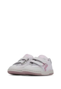 Sneakers bianchi con accenti rosa, dotati di fasce in Velcro, un upper testurizzato e una suola in gomma rosa chiaro. Dettagli di glitter sul lato.