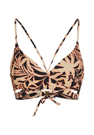 Top de bikini triangular con estampado de hojas tropicales en tonos durazno y negro, tirantes delgados ajustables y cierre frontal con lazo.