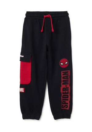 Black sweatpants with red accents, featuring a side pocket and Spider-Man graphics. Made from soft fabric, with elastic cuffs and waistband.