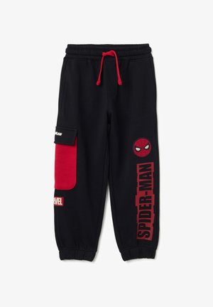 Zwarte sweatpants met rode accenten, voorzien van een zijzak en Spider-Man graphics. Gemaakt van zachte stof, met elastische boorden en een elastische tailleband.