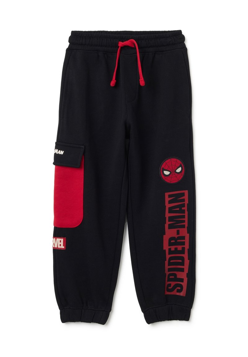 Pantalones de chándal negros con acentos rojos, que incluyen un bolsillo lateral y gráficos de Spider-Man. Hechos de tela suave, con puños y cintura elásticos.