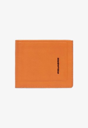 Orange leather wallet with textured surface, featuring a card slot and stitched edges. Simple rectangular design with dark logo accent.