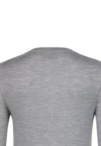 Vista posteriore di un maglione a maniche lunghe grigio chiaro tinta unita con scollo rotondo e tessuto liscio.