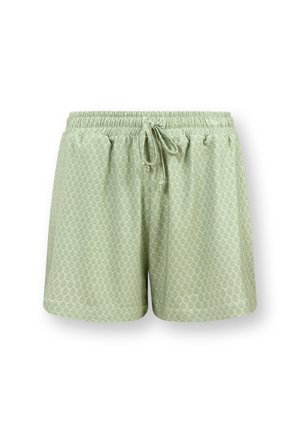Grüne Shorts aus weichem Material mit einem elastischen Bund, Zugband und einem dezenten Blattmuster.