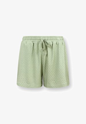 Groene shorts van zacht materiaal met een elastische tailleband, een trekkoord en een subtiele bladerenpatroon.