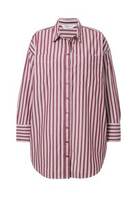Gestreept shirt met bordeauxrode en witte verticale strepen, een knoopsluiting aan de voorkant en twee borstzakken. Lange mouwen met gestreepte boorden.