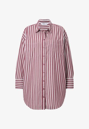 Koszula w paski, z bordowymi i białymi pionowymi paskami, z zapięciem na guziki z przodu oraz dwiema kieszeniami na piersi. Długie rękawy z paskowanymi mankietami.