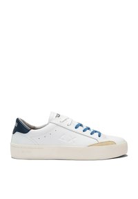 White leather sneakers with blue laces, a navy heel cap, and beige suede accents. Features perforations and a flat rubber sole.