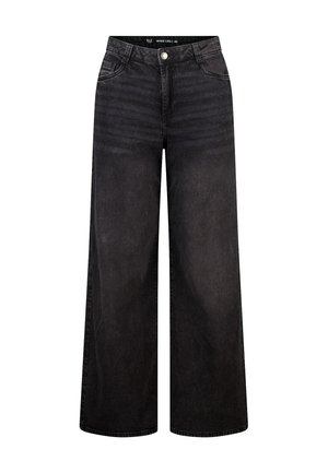 Jean noir à jambes larges avec passants pour ceinture, bouton avant et poches, taille 40, posé à plat sur un fond blanc.