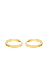 Pendientes de aro de metal en tono dorado con un diseño plano, que presentan una banda texturizada y una ligera apertura para el cierre.