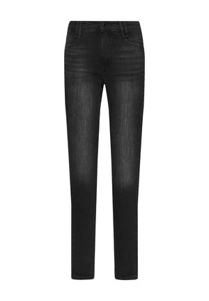 Zwarte denim jeans met een slim fit, voorzien van achterzakken en riemlussen, afgewerkt met een subtiele vervaagde textuur.