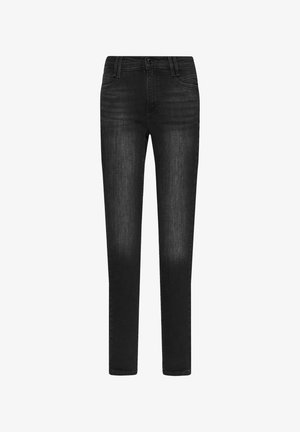 Jean en denim noir avec une coupe ajustée, dotés de poches avant et de passants de ceinture, finition avec une texture légèrement délavée.