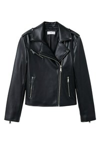 Veste de motard en cuir noir au design court, avec des fermetures éclair argentées, des épaulettes et un col large. Texture lisse, style classique.