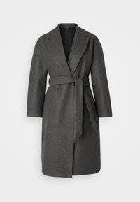 Grå ullinpackad kappa med knytbälte, breda notched slag och långa ärmar. Har en rak silhuett och medellång design.