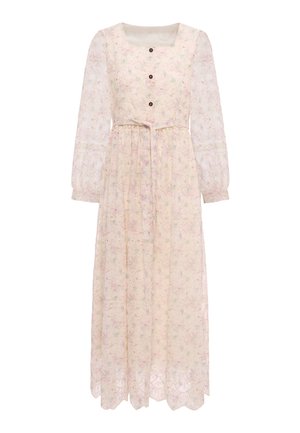 Langes, durchsichtiges cremefarbenes Kleid mit dezentem Blumenmuster, rundem Ausschnitt, drei Knöpfen vorne, langen gepufften Ärmeln und einem Taillengürtel.