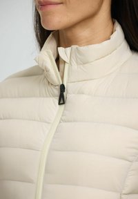 Doudoune beige avec un col montant, présentant des sections matelassées horizontales et une fermeture éclair contrastante. Texture de tissu lisse, matériel minimal.