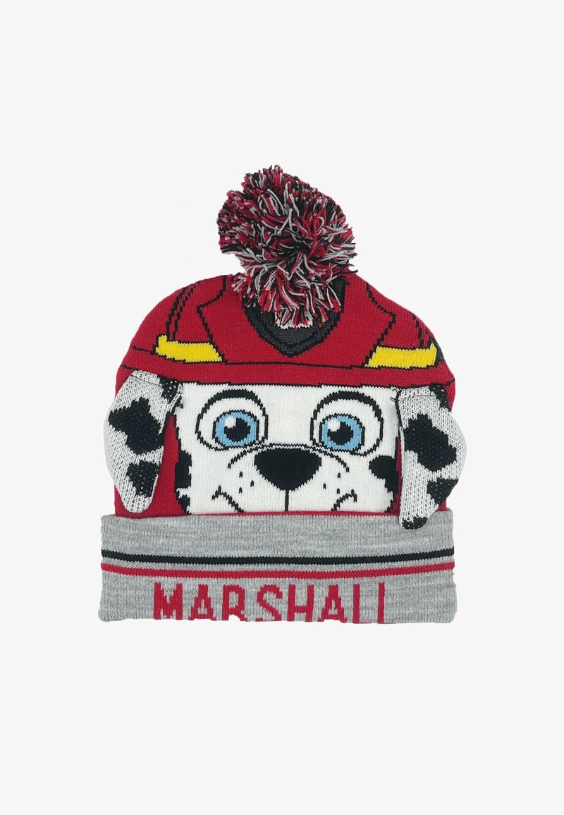 Red knit beanie featuring a Dalmatian character with blue eyes, floppy ears, and a pom-pom on top; gray cuff with "MARSHALL" text.