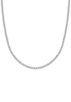 Collana in argento con catena a sfera e perline rotonde distribuite uniformemente, finitura lucida e superficie liscia, adatta per essere indossata in sovrapposizione o da sola.