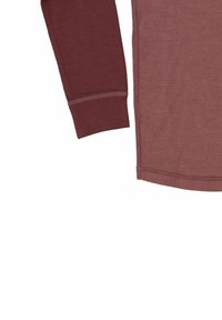 Maroon long-sleeve shirt with a round neckline and sleeve cuffs. Features smooth, textured fabric and flat seams in a matching color.