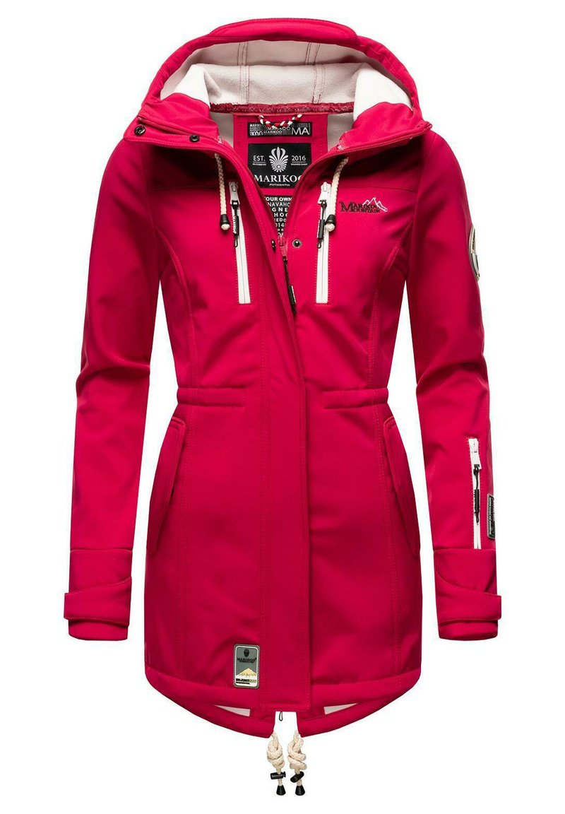 Chaqueta impermeable rosa con capucha, acentos blancos, cintura ajustable con cordón y varios bolsillos con cremallera, hecha de material suave y duradero.