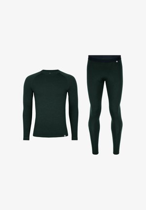Maglia termica a maniche lunghe verde scuro e leggings termici abbinati con fascia in vita nera, mostrati affiancati su sfondo bianco.