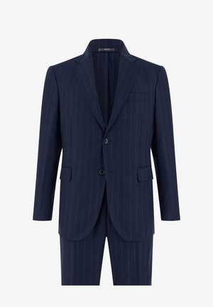 Veste de costume pour homme bleu marine à rayures fines avec revers crantés, deux poches avant à rabat, une poche poitrine et une fermeture à deux boutons.