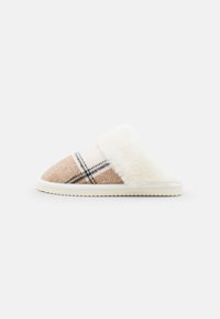 Plaid slipper in tan and cream with faux fur collar and white rubber sole, featuring a flat, slightly pointed shape and textured surface.