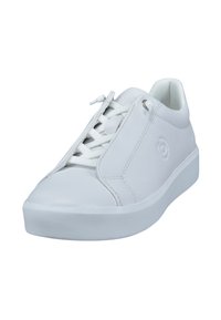 Weißes Leder-Sneaker mit glatter Oberfläche, runder Zehenpartie und kontrastierenden Schnürsenkeln. Verfügt über ein gesticktes Design und eine strukturierte Gummisohle.