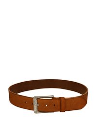 Brown leather belt with a rectangular silver-tone metal buckle. Features multiple holes for sizing and a smooth, matte finish.